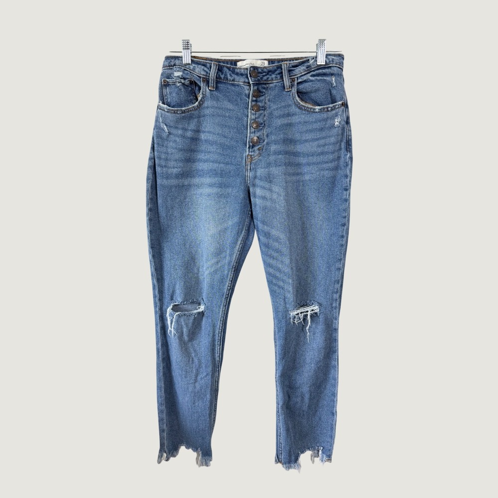 Abercrombie & Fitch Curve Love Mom Jeans 29 8R Medium Wash Distressed Button Fly